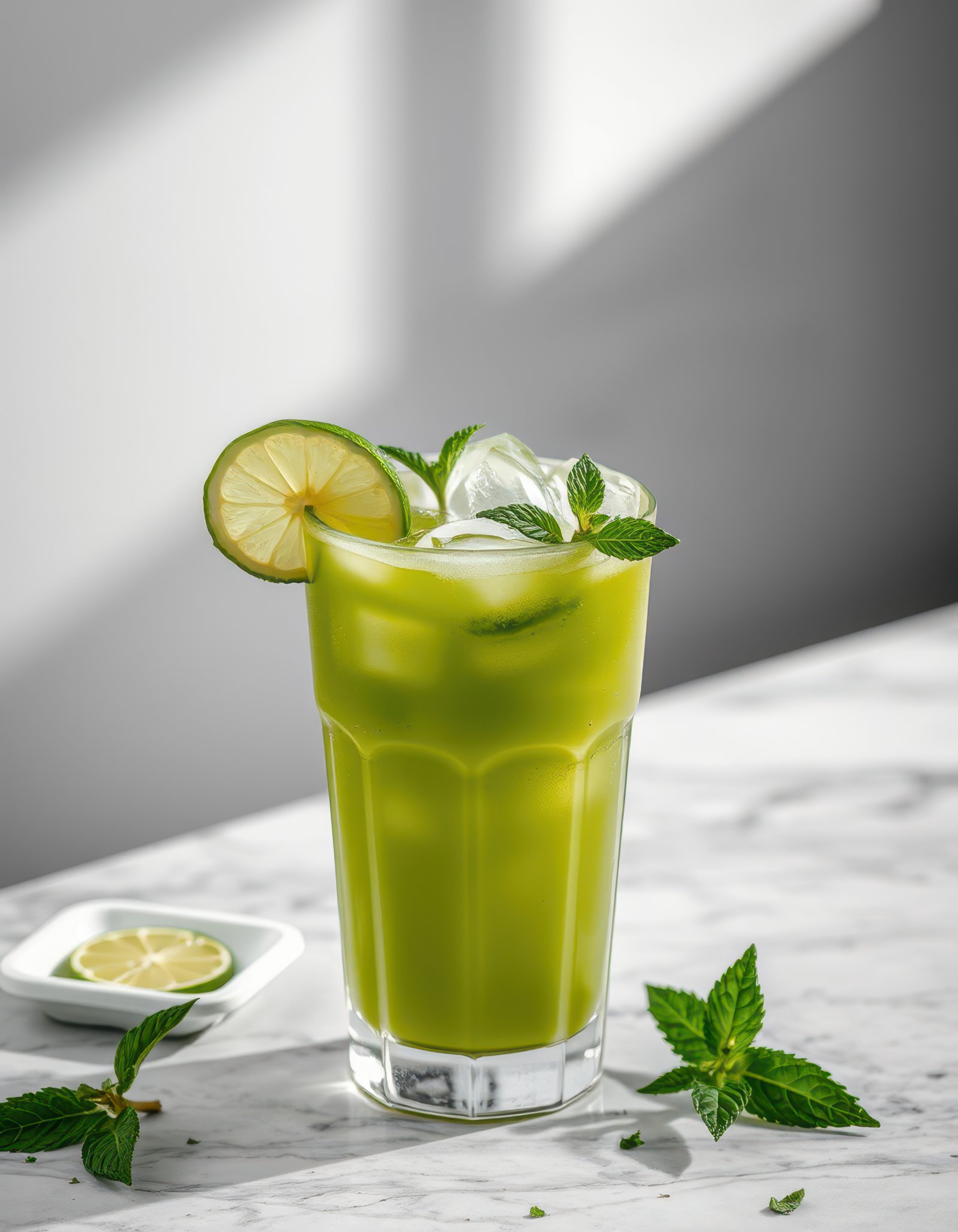 Refreshing green drink with ice and mint garnished with lime slices on a marble table in bright light